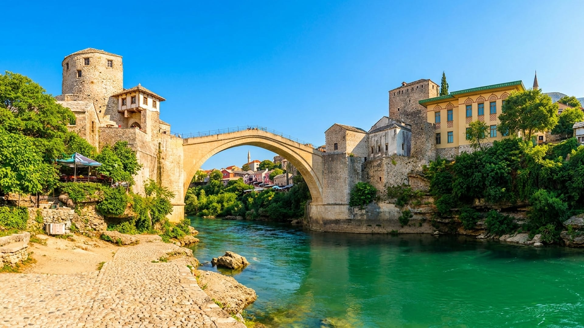 Stari Most Bridge Mostar Bosnia over emerald Neretva river