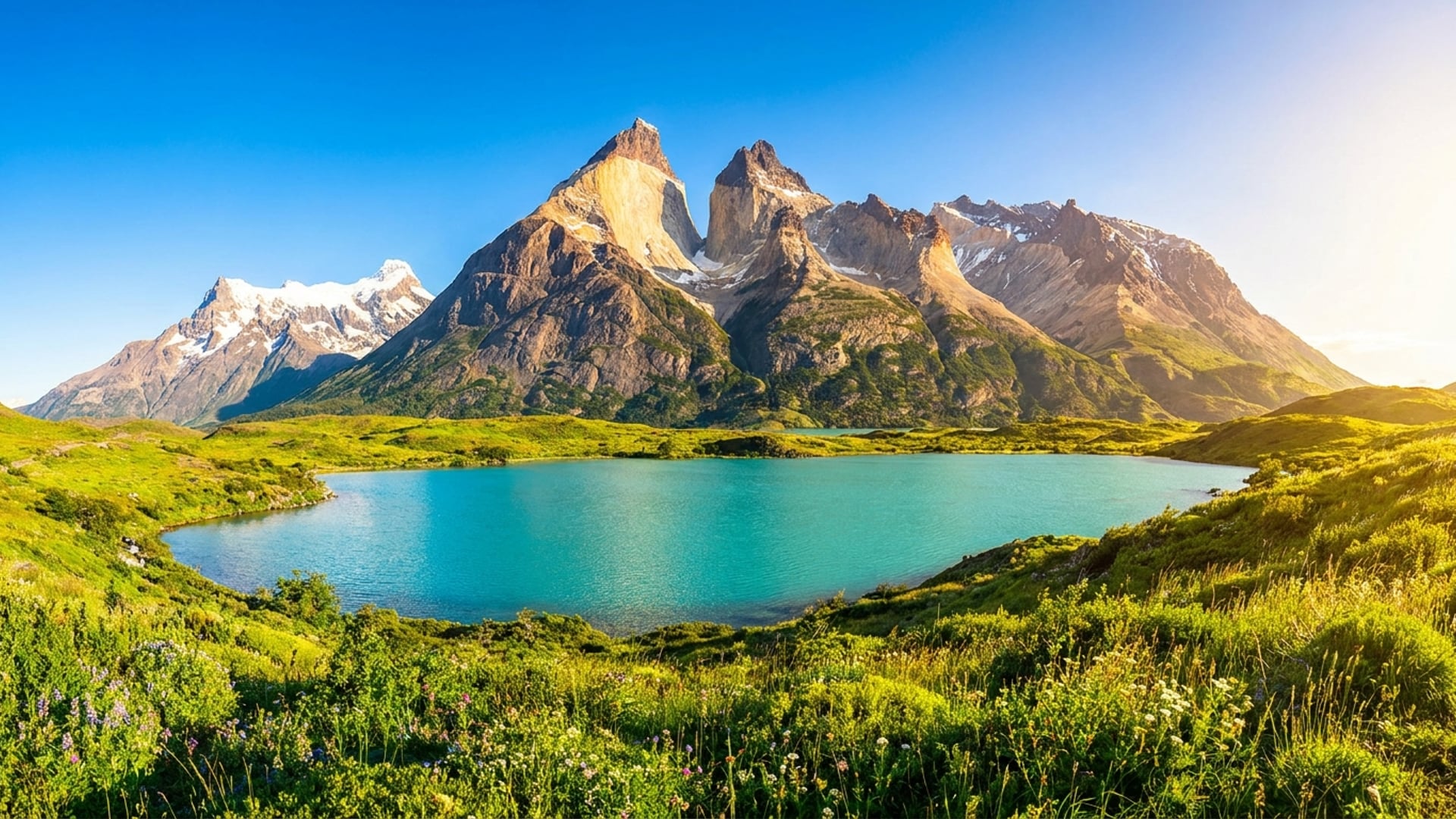 Torres del Paine in Chile mit Granitgipfeln und türkisem See in Patagonien
