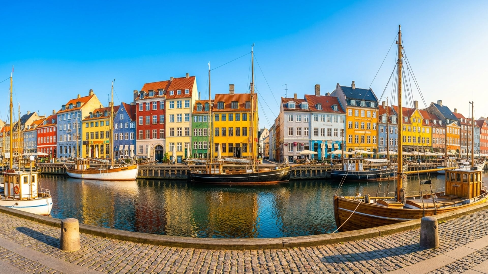 Kopenhagen Nyhavn mit bunten Hafenhäusern und Segelbooten