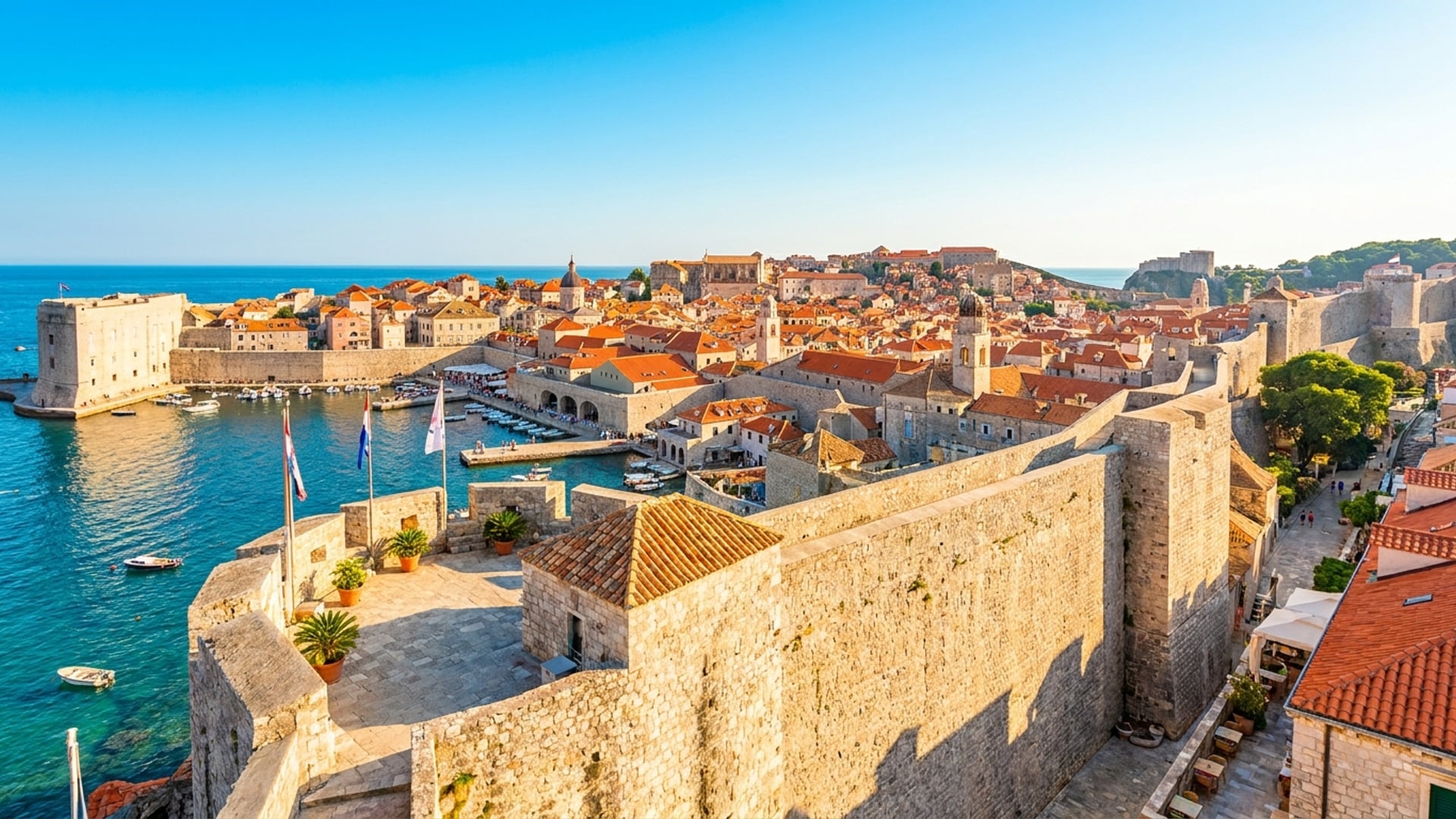 Dubrovnik old town walls and turquoise Adriatic Sea