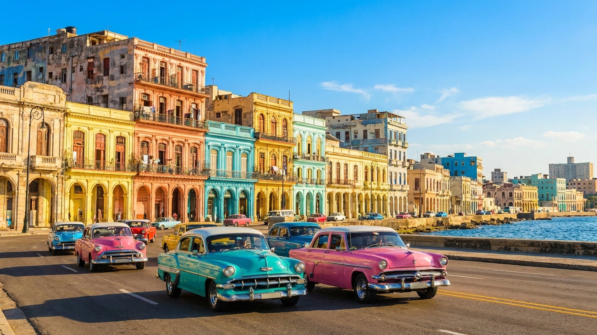 Havana Cuba Malecon with colorful colonial buildings and vintage cars