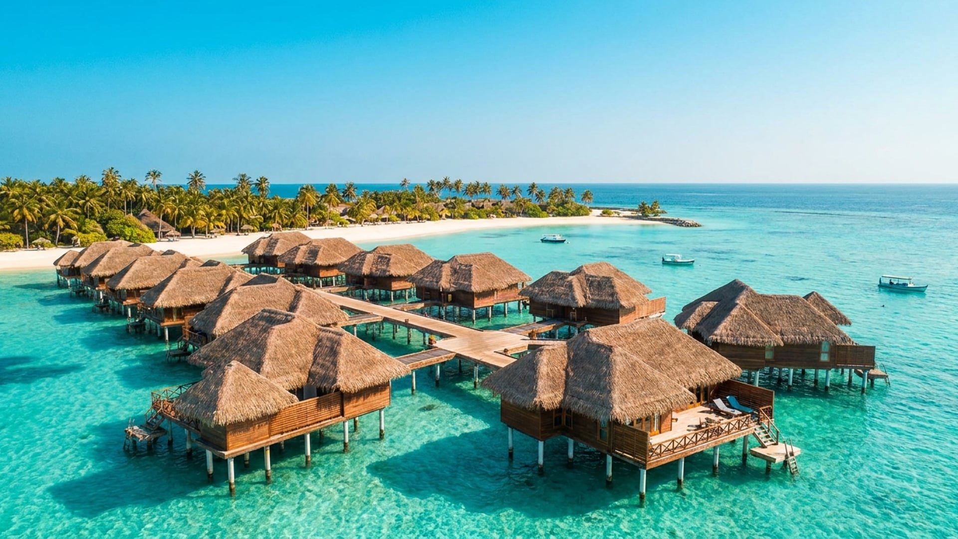 Maldives overwater bungalows in turquoise lagoon with palm trees
