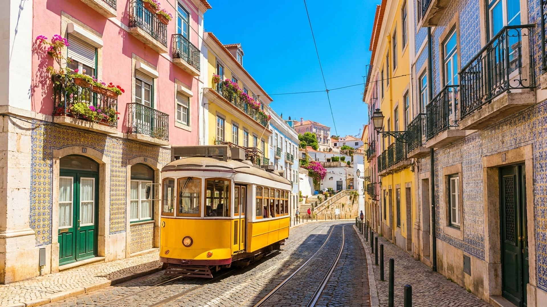Lissabon Portugal mit gelber Tram und bunten Häusern